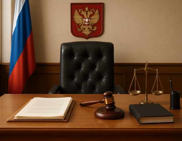 Зал суда в России с сосредоточением на столе судьи