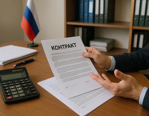 Человек за столом с открытыми документами и калькулятором в офисе
