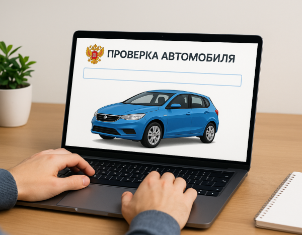 Человек проверяет юридический статус автомобиля на ноутбуке
