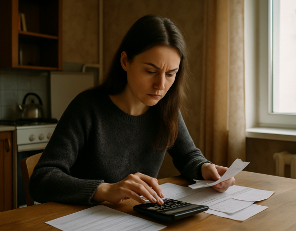 Женщина в квартире за столом, считает расходы на калькуляторе