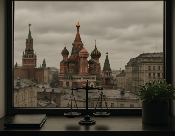 Вид из офиса на российский город в контексте банкротства