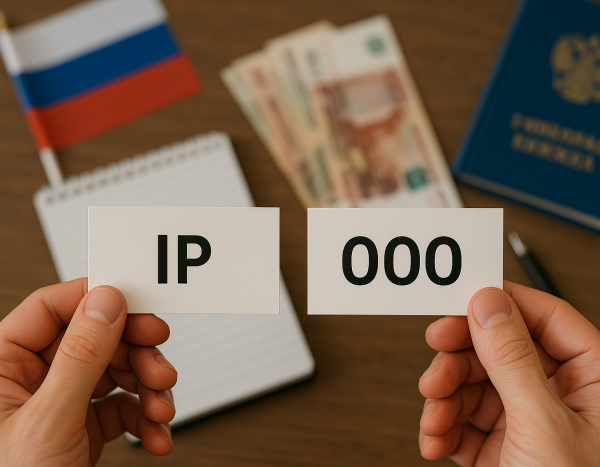 Руки держат две визитки с отметками ИП и ООО