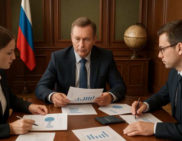 Группа бизнесменов обсуждает финансовые документы в российском офисе