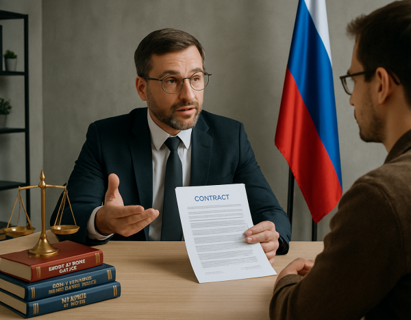 юрист объясняет условия договора клиенту в офисе