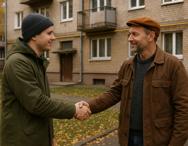 Люди пожимают руки перед жилым домом