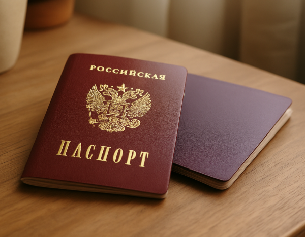 Российский паспорт и разрешение на проживание на столе