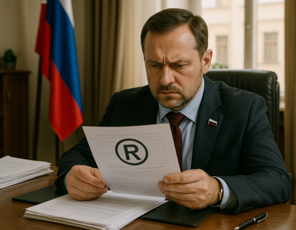 Деловой человек изучает документы на товарный знак в офисе