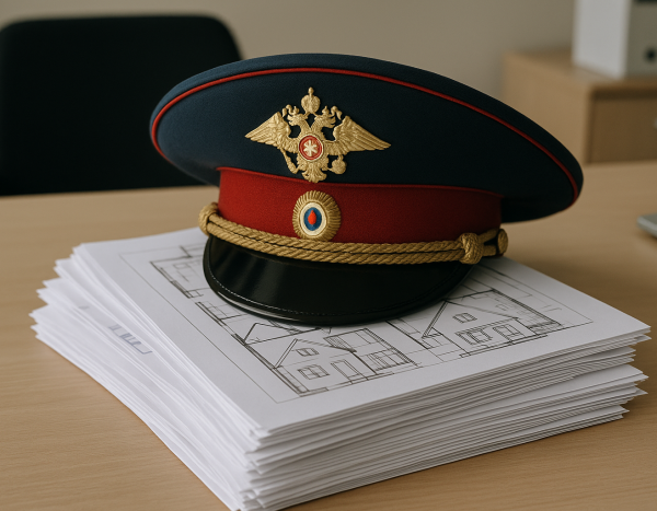 Стопка документов на жилье с фуражкой военнослужащего на столе