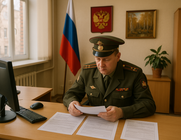 Военнослужащий изучает форму заявки на жилье в российском офисе