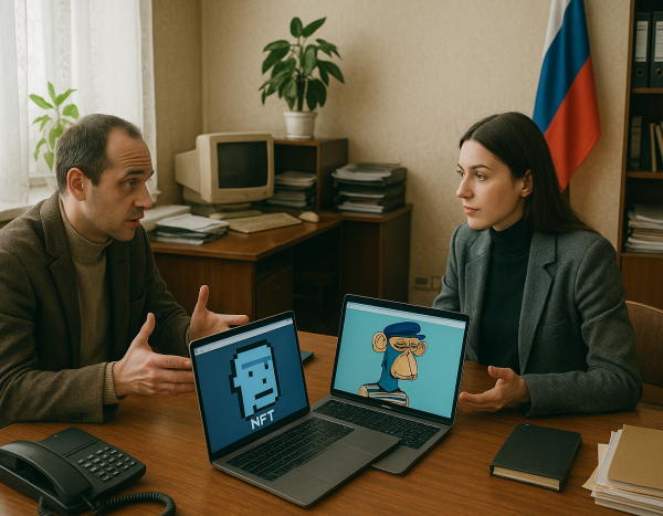 Коллеги обсуждают права на цифровое искусство NFT в российском офисе.
