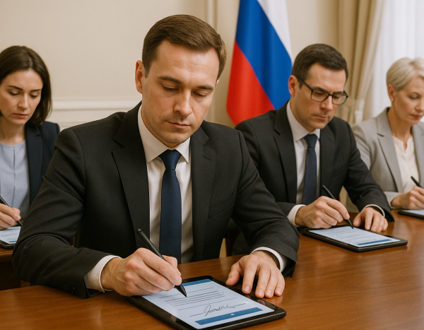 Подписание смарт-контракта на планшетах в российском офисе