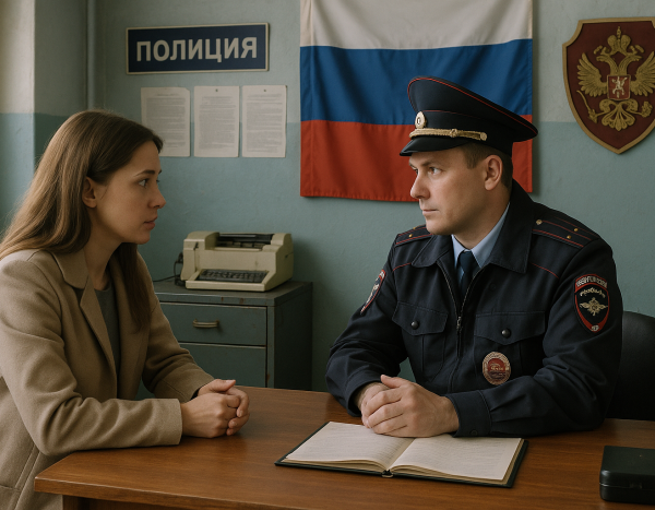 Женщина разговаривает с полицейским за столом в российском отделении полиции