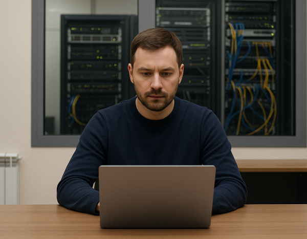 работа за ноутбуком в IT офисе