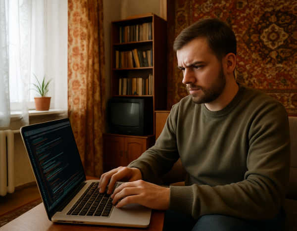 Разработчик анализирует открытый исходный код на ноутбуке в квартире