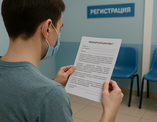 Пациент читает медицинские документы в российской поликлинике