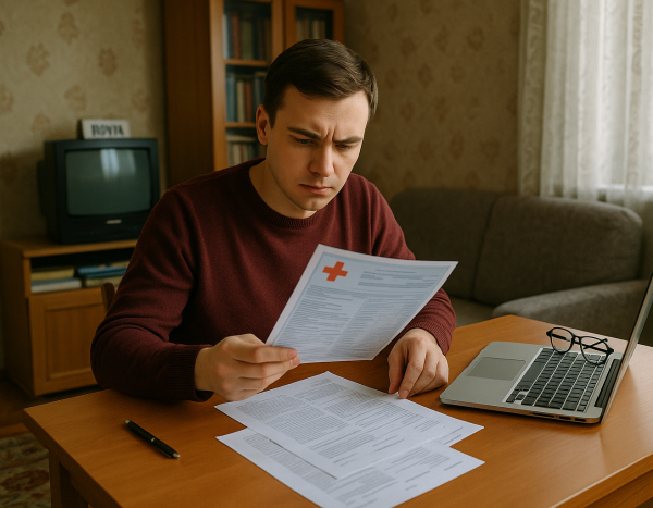 Человек рассматривает медицинские документы дома