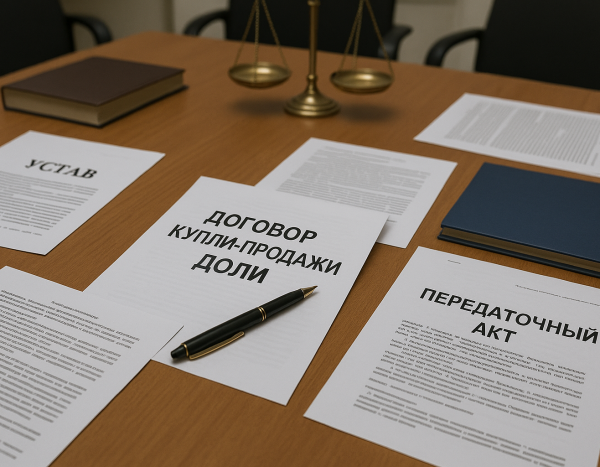 Стол с юридическими документами для передачи доли и ручкой