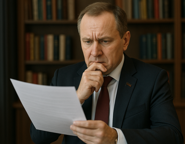 Российский бизнесмен изучает документ в офисе с выражением тревоги