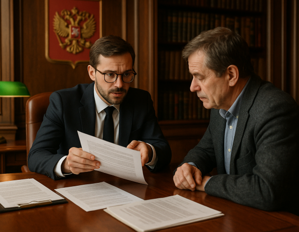 Юрист и клиент обсуждают юридические документы в офисе